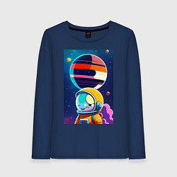 Лонгслив хлопковый женский Улыбчивый астронавт в космосе, цвет: тёмно-синий