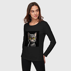 Лонгслив хлопковый женский Желтоглазый котик в очках, цвет: черный — фото 2