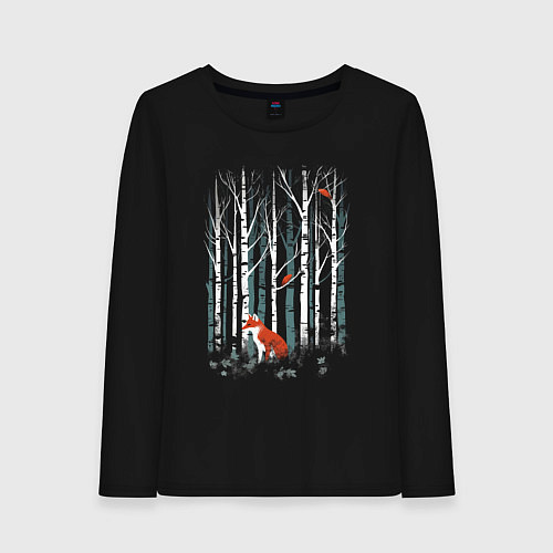 Женский лонгслив Рыжая лиса в березовом лесу / Черный – фото 1