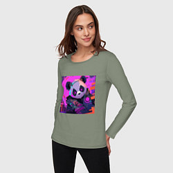 Лонгслив хлопковый женский Аниме панда в лучах неона, цвет: авокадо — фото 2