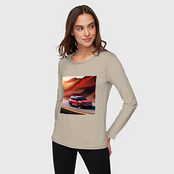 Лонгслив хлопковый женский Машина на пустынной дороге, цвет: миндальный — фото 2