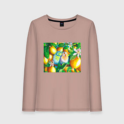 Лонгслив хлопковый женский Попугаи в лимонах, цвет: пыльно-розовый