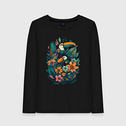 Лонгслив хлопковый женский Туканы и тропические цветы: арт нейросети, цвет: черный