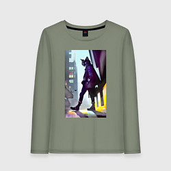 Лонгслив хлопковый женский Чёрный котяра на своём районе - Бронкс, цвет: авокадо