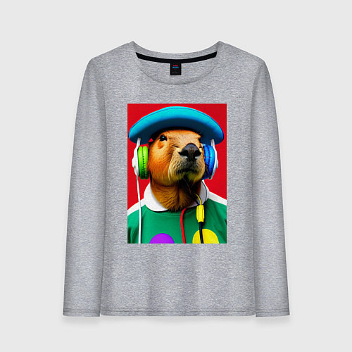 Женский лонгслив Капибара в наушниках и шляпе - нейросеть / Меланж – фото 1
