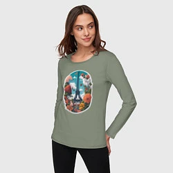 Лонгслив хлопковый женский Эйфелева башня в цветах, цвет: авокадо — фото 2