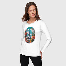 Лонгслив хлопковый женский Эйфелева башня в цветах, цвет: белый — фото 2