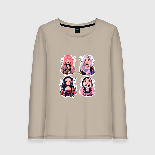 Женский лонгслив Участницы Блэк Пинк в виде стикеров / Миндальный – фото 1