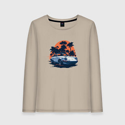 Лонгслив хлопковый женский Порше, пальмы и закат, цвет: миндальный