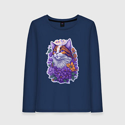 Лонгслив хлопковый женский Рыжий котик и фиолетовые цветы, цвет: тёмно-синий