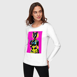 Лонгслив хлопковый женский Black cat - fashionista - pop art - neural network, цвет: белый — фото 2