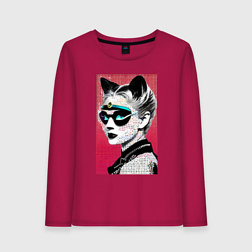 Женский лонгслив Cat girl in a mask - neural network - pop art / Маджента – фото 1