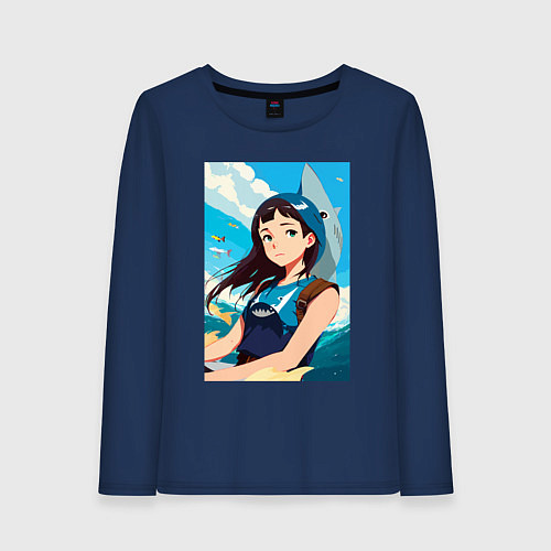 Женский лонгслив Девочка и океан / Тёмно-синий – фото 1