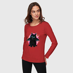Лонгслив хлопковый женский Черный котенок летучая мышь хэллоуин, цвет: красный — фото 2