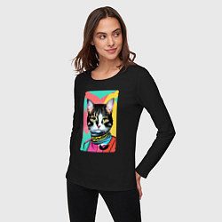 Лонгслив хлопковый женский Pop art cat - neural network, цвет: черный — фото 2