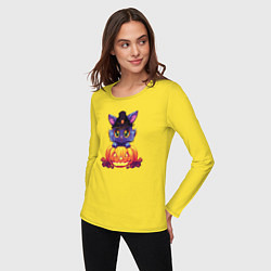 Лонгслив хлопковый женский Милый котик и тыква - Хэллоуин, цвет: желтый — фото 2