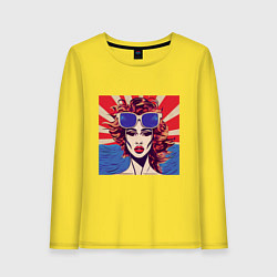 Лонгслив хлопковый женский Девушка в солнечных очках на фоне океана в стиле п, цвет: желтый