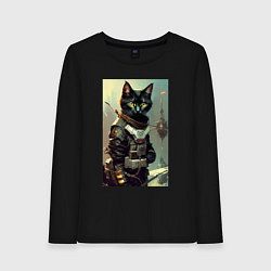Лонгслив хлопковый женский Крутой котёнок - киберпанк - нейросеть, цвет: черный
