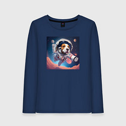 Лонгслив хлопковый женский Собака в космосе, цвет: тёмно-синий