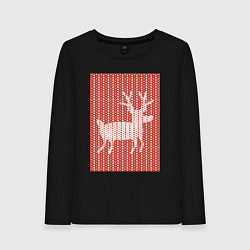 Лонгслив хлопковый женский Новогодний олень орнамент вязанный свитер, цвет: черный