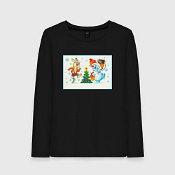 Лонгслив хлопковый женский Снеговик и заяц, цвет: черный