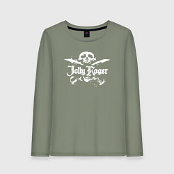 Лонгслив хлопковый женский Белый пиратский череп, цвет: авокадо
