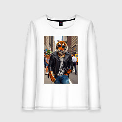 Лонгслив хлопковый женский Cool tiger on the streets of New York - ai art, цвет: белый