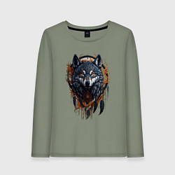 Лонгслив хлопковый женский Волк и ловец снов, цвет: авокадо
