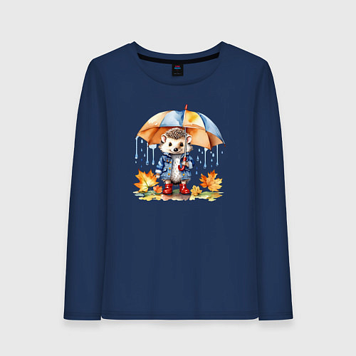 Женский лонгслив Осенний ежик с зонтиком / Тёмно-синий – фото 1