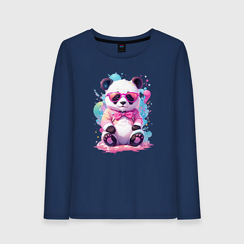 Женский лонгслив Милая панда в розовых очках и бантике / Тёмно-синий – фото 1