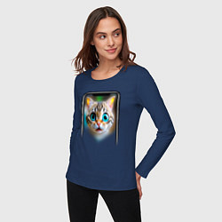 Лонгслив хлопковый женский Кот в смартфоне, цвет: тёмно-синий — фото 2