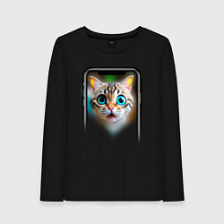 Лонгслив хлопковый женский Кот в смартфоне, цвет: черный