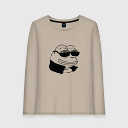 Лонгслив хлопковый женский Лягушонок пепе в очках мем, цвет: миндальный