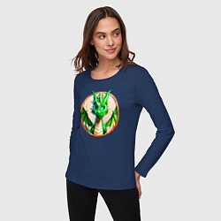 Лонгслив хлопковый женский Нейросеть - деревянный зелёный дракон, цвет: тёмно-синий — фото 2