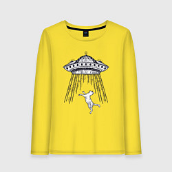 Лонгслив хлопковый женский Кошка и летающая тарелка, цвет: желтый