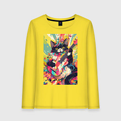 Лонгслив хлопковый женский Красочный кот-гитарист, цвет: желтый