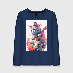 Лонгслив хлопковый женский Chilling guitar cat, цвет: тёмно-синий