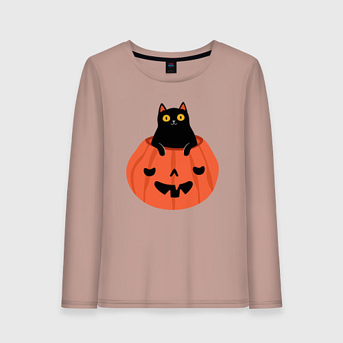 Женский лонгслив Котик в тыкве / Пыльно-розовый – фото 1