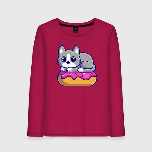 Женский лонгслив Кот на пончике / Маджента – фото 1