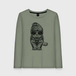 Лонгслив хлопковый женский Котенок манул хипстер, цвет: авокадо