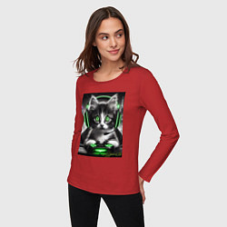 Лонгслив хлопковый женский Котёнок командный геймер - киберспорт, цвет: красный — фото 2