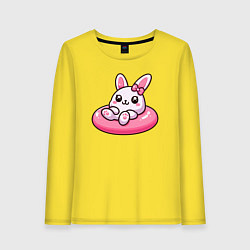 Лонгслив хлопковый женский Смешной розовый кролик в надувном круге, цвет: желтый