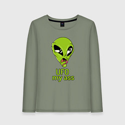 Лонгслив хлопковый женский Зеленый пришелец НЛО с надписью UFO my ass, цвет: авокадо