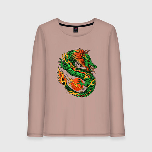 Женский лонгслив Азиатский зеленый дракон / Пыльно-розовый – фото 1