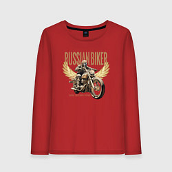 Лонгслив хлопковый женский Русский байкер на мотоцикле, цвет: красный