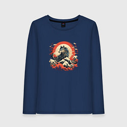 Лонгслив хлопковый женский Японский волк на закате, цвет: тёмно-синий