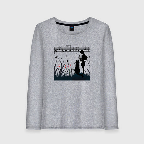 Женский лонгслив Девушка и кот или музыка для души / Меланж – фото 1