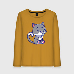 Лонгслив хлопковый женский Котик повар с ножом, цвет: горчичный