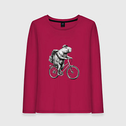 Лонгслив хлопковый женский Капибара на велосипеде в черном цвете, цвет: маджента