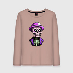 Лонгслив хлопковый женский Скелет в фиолетовой шляпе, цвет: пыльно-розовый